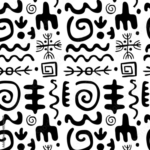 Seamless pattern with primitive ethnic ornaments, petroglyphs. Arrows, lines, spirals, circles. Patterns, drawings of ancient tribe, Stone Age. Design element for textiles, paper, fabrics, postcard