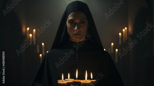 A young nun in black clothes with a candles around her