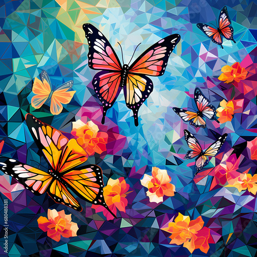 background with abstract prism-like patterns representing a garden full of butterflies © Cao
