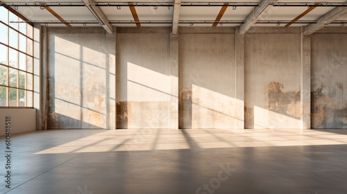 Minimalistic warehouse interior with window and blank cement wall.