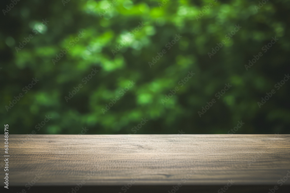 a wooden table top with a blurred green rain forest background a wooden table top with a blurred green rain forest background