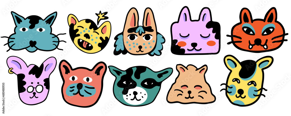 Obraz premium set of cats in vector.colored animal heads in doodle style.Template for sticker avatar poster flyer logo. Series of cats in flat style