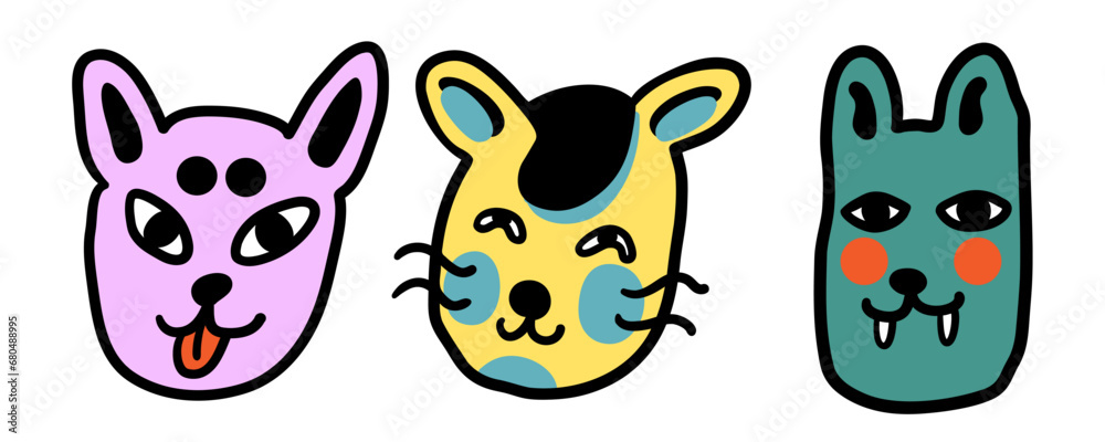 set of cats in vector.colored animal heads in doodle style.Template for sticker avatar poster flyer logo. Series of cats in flat style