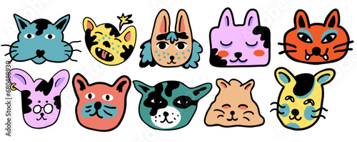 set of cats in vector.colored animal heads in doodle style.Template for sticker avatar poster flyer logo. Series of cats in flat style