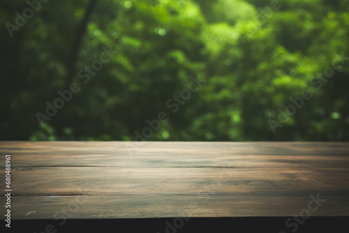 a wooden table top with a blurred green rain forest background