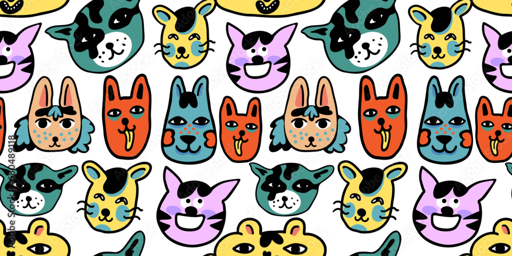 Fototapeta premium seamless pattern with cats in vector.colored wallpaper in doodle style.Template for background, printing on fabric and merch. A series of patterns with cat faces in flat style
