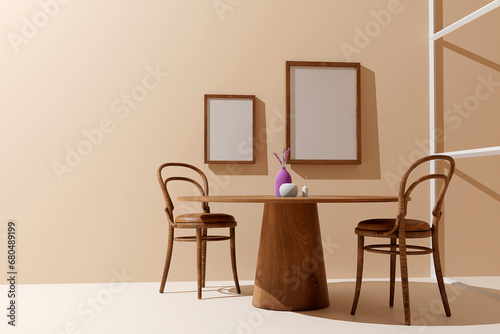 Dining room interior with mock up poster frame, wooden table, chair, black dishes and accessories. Sunny and light space. Beige walls. 3d render © YuliiaMazurkevych
