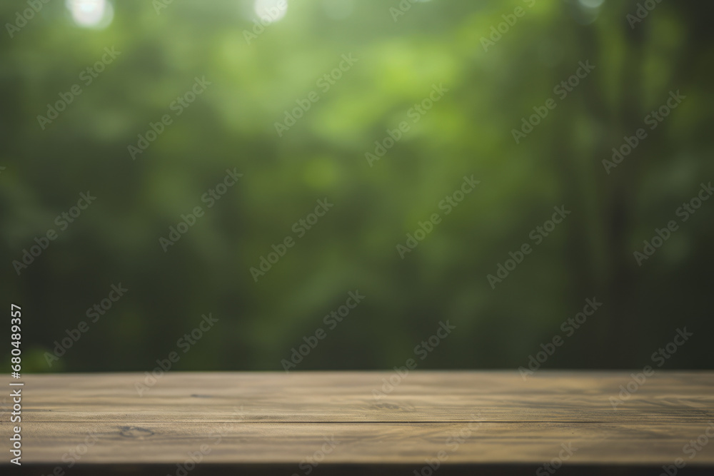 a wooden table top with a blurred green forest background. a wooden table top with a blurred green forest background.