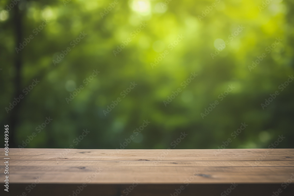 a wooden table top with a blurred green forest background. a wooden table top with a blurred green forest background.
