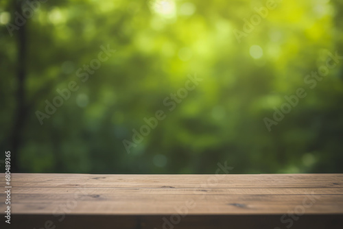 a wooden table top with a blurred green forest background.