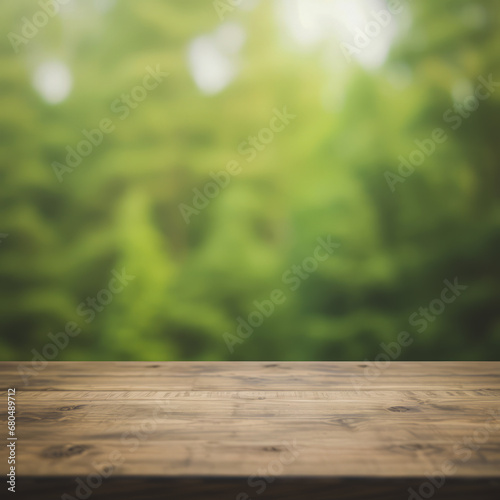 a wooden table top with a blurred green forest background.