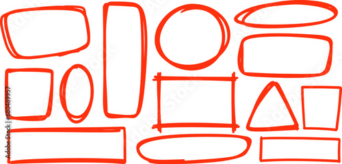 Hand drawn doodle frame set. Box, square, rectangle, trianglem circle shape brush pen line stroke element. Vector illustration.