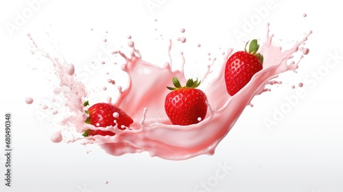 Milk strawberry cocktail splashes with strawberries background. Fresh summer food banner