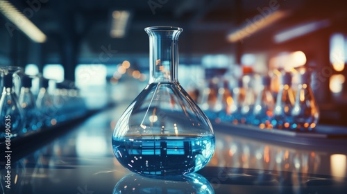 Close-up of blue glass flask standing in laboratory desk. Scientific chemistry research. Generative AI