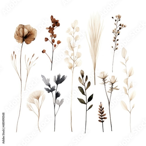 Set of watercolor dry flowers on white background. Generative AI © dashtik