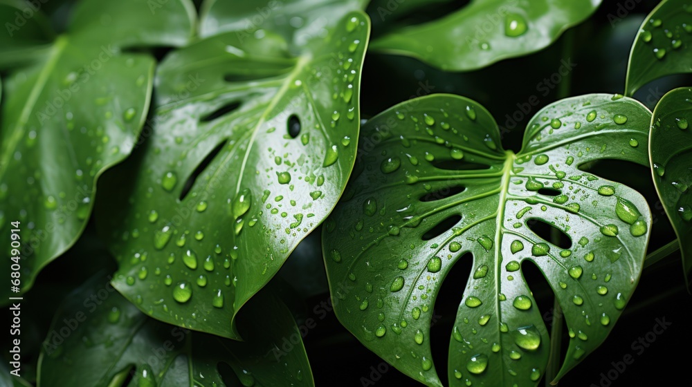 Obraz premium Close-up of green monstera leaves with water drops. Jungle wall background. Generative AI