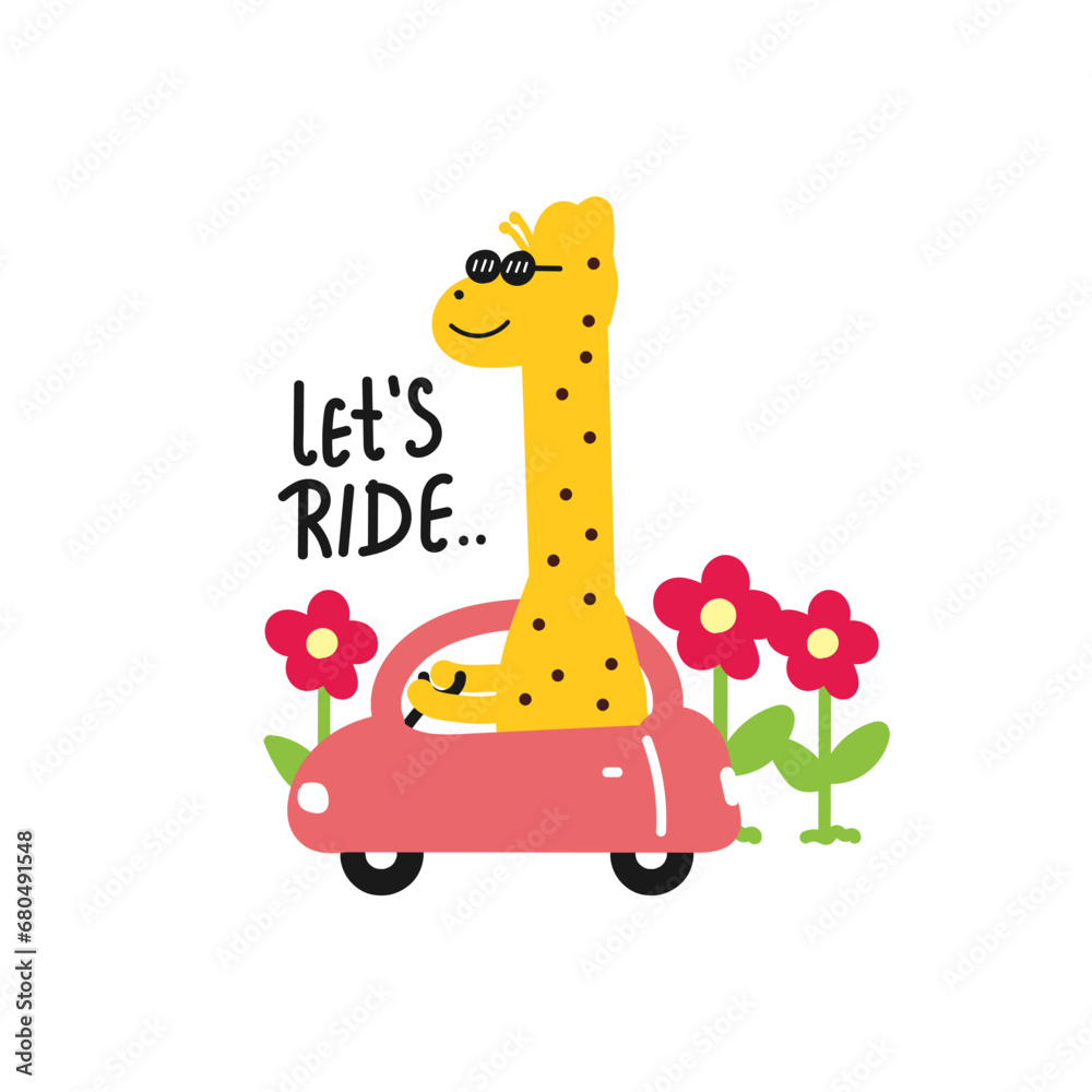 Cute giraffe driving a car, hand drawn illustration for for fabric, textile and print