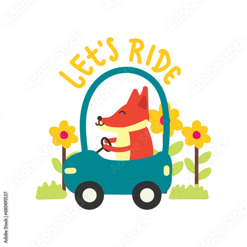 Cute fox driving a car  hand drawn illustration for for fabric  textile and print