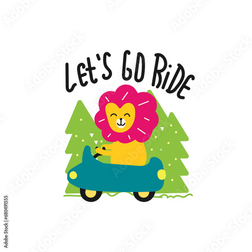 Cute lion driving a car  hand drawn illustration for fabric  textile and print