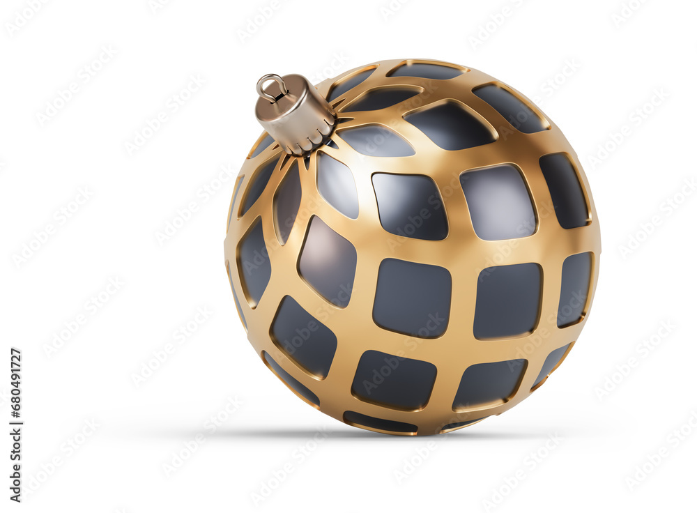 Gold and black unusual Christmas ball turned to left. New Year tree toy decoration Isolated on transparent background. 3D render Gold and black unusual Christmas ball turned to left. New Year tree toy decoration Isolated on transparent background. 3D render