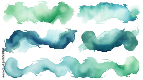 Set of emerald and sky blue swashes, watercolor paint abstract border frame for design layout, isolated on a transparent background. Generative AI photo