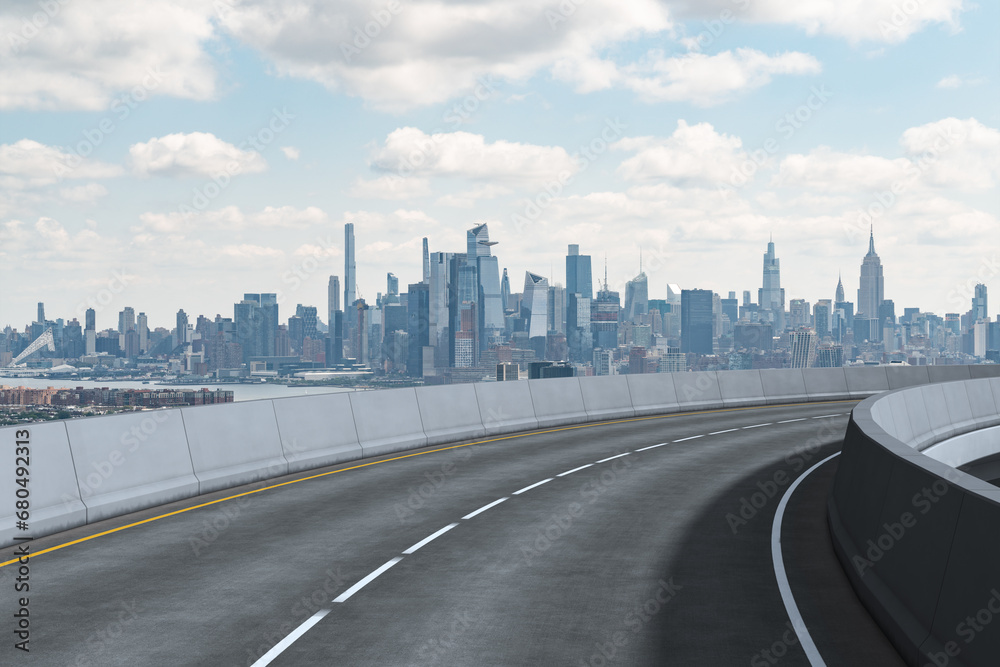 Fototapeta premium Empty urban asphalt road exterior with city buildings background. New modern highway concrete construction. Concept of way to success. Transportation logistic industry fast delivery. New York. USA.