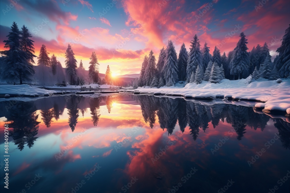 Winter Magic. Enchanting Snow-Covered Trees, Frozen Lake, and Breathtaking Sunset Splendor