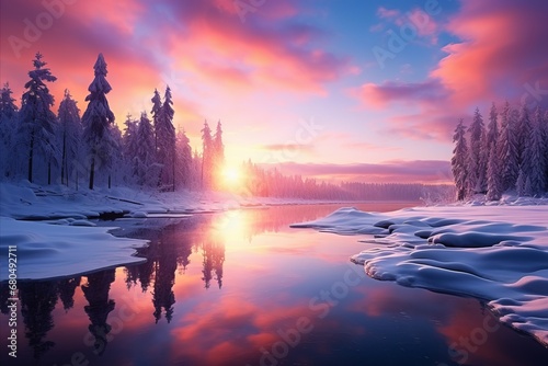 Winter Magic. Snowy Trees, Frozen Lake, and Colorful Sunset Painting a Serene Landscape © Игорь Кляхин