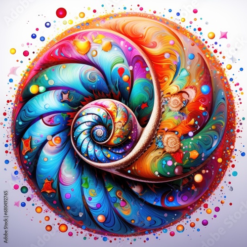 Colorful snail mandala art on white background.