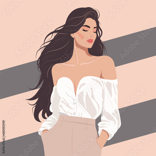 Vector flat fashion illustration, young sexy woman with long dark hair in a stylish blouse with bare shoulders and pants. Modern woman boss.

