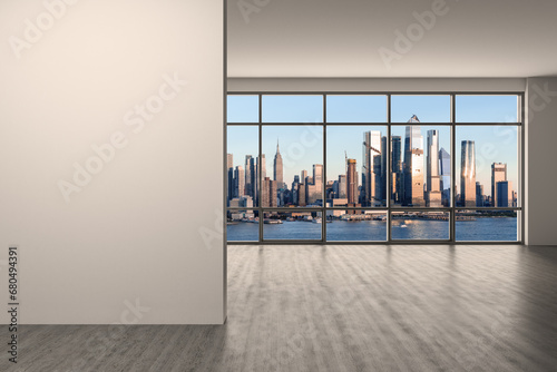 Midtown New York City Manhattan Skyline Buildings from High Rise Window. Mockup white wall. Real Estate. Empty room Interior Skyscrapers View Cityscape. Day time. Hudson Yards West Side. 3d rendering
