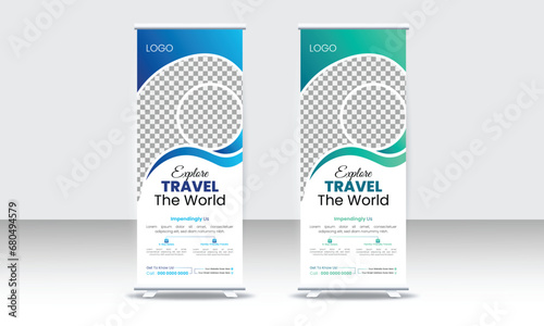 Travel roll up banner template for presentation, vector layout for tour or travel purposes.