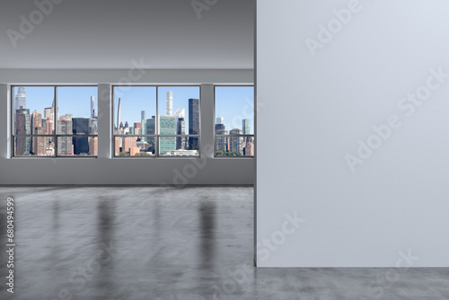 Midtown New York City Manhattan Skyline Buildings Window Background. Real estate Empty room Interior white mockup wall. Skyscrapers View Cityscape. East Side United Nations Headquarters. 3d rendering