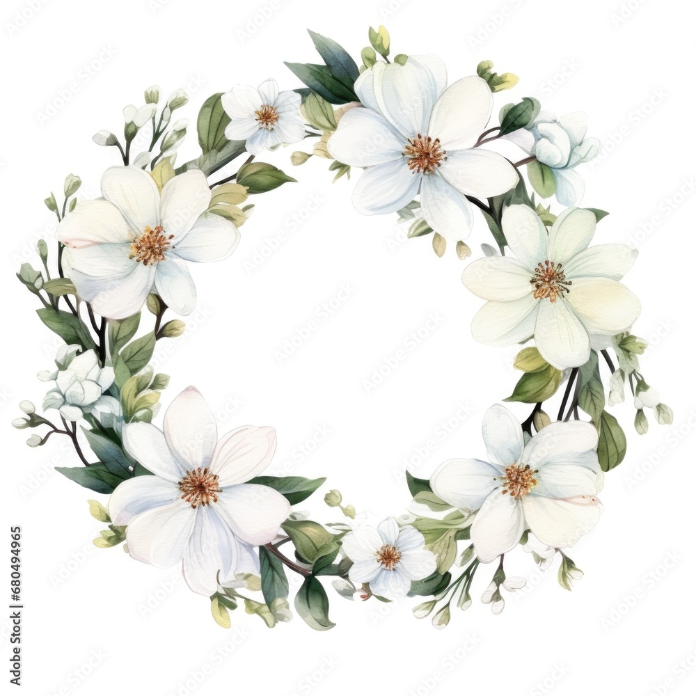 Circle frame of watercolor flowers and leaves on white background. Circle frame of watercolor flowers and leaves on white background.