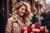 Caucasian woman holding bouquet flowers for St Valentine. Generative AI