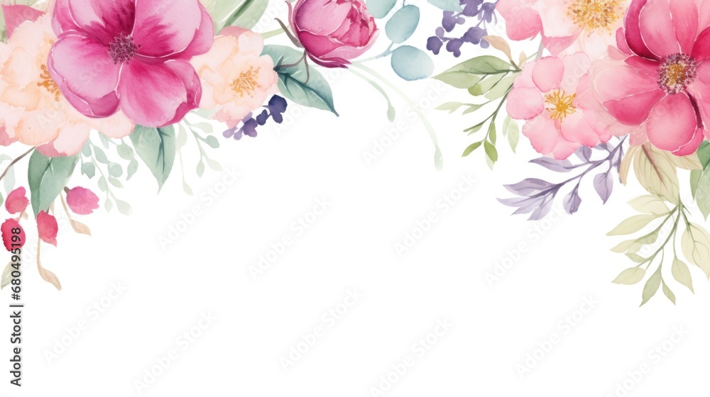 Border of watercolor field flowers and leaves on white background.