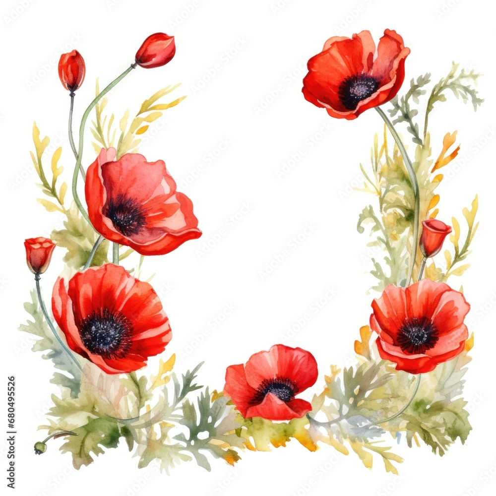 frame of watercolor poppy flowers and leaves on white background.