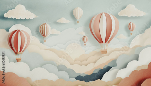 sfondo con colorate mongolfiere in carta che si librano supra un cielo denso di nubi dai colori pastello