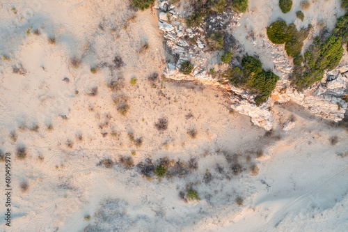 Top view of a sandy beach with a beautiful pattern of dunes, grass and shrubs formed from the water, in the bright sunset light of summer. Photograph with drone in the form of texture and background