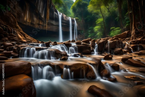 waterfall in the forest generated by AI technology photo