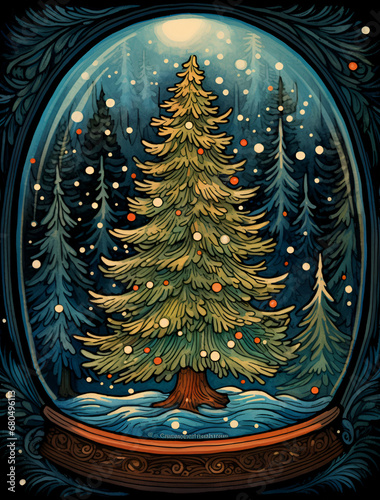 a christmas card in which a pine tree is in a small glass dome, in the style of becky cloonan, contemporary tapestries, chalk, rustic americana, large canvas sizes, captivating chiaroscuro photo