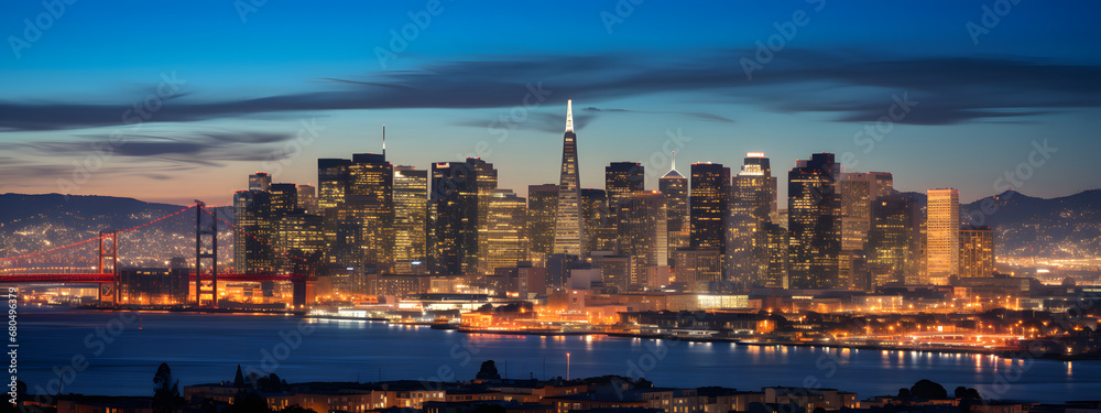 A panoramic view of a bustling city at night