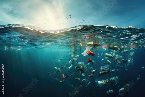 trash underwater in the ocean. problem of pollution and ecology of the sea photo