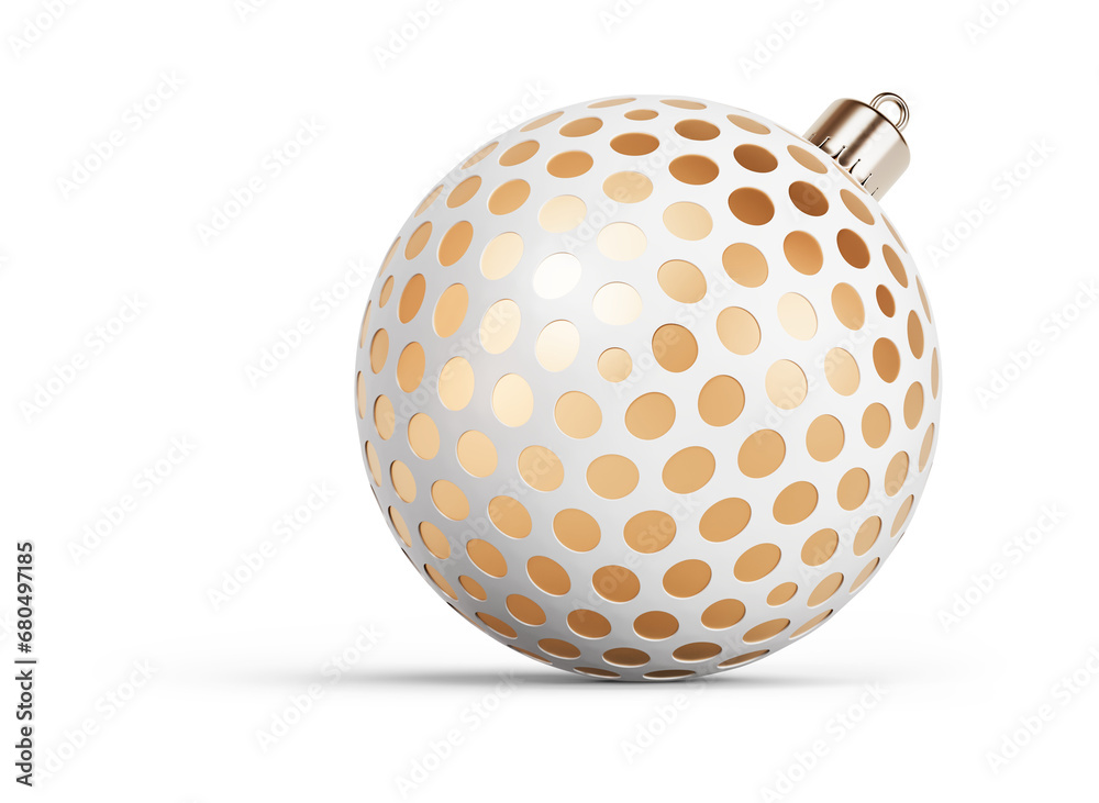Gold and white Christmas ball turned to right. New Year tree toy decoration Isolated on transparent background. 3D render Gold and white Christmas ball turned to right. New Year tree toy decoration Isolated on transparent background. 3D render