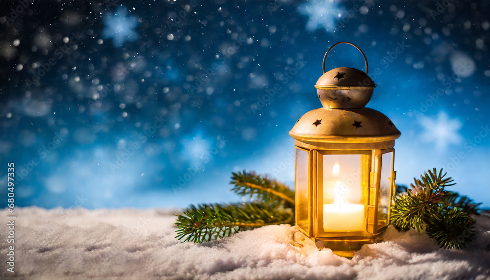 Christmas lantern on snow with fir branch in the night Christmas lantern on snow with fir branch in the night