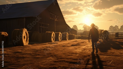 A stable hand carries a bale of hay to the barn, the early morning light casting long shadows. photo