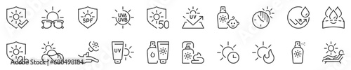Sun protection, thin line icon set. Symbol collection in transparent background. Editable vector stroke. 512x512 Pixel Perfect.