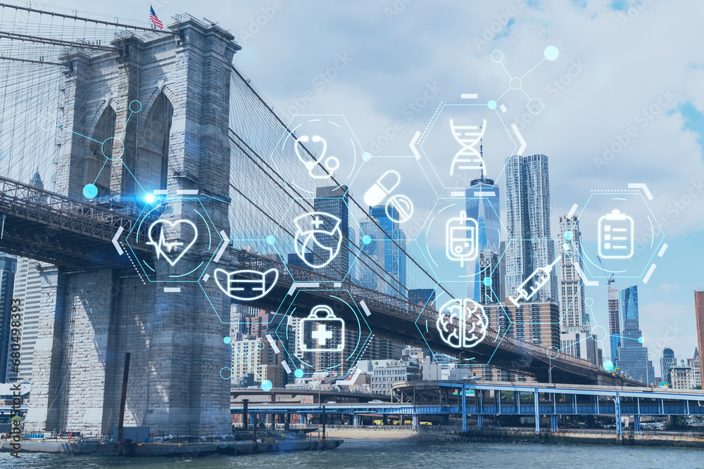 Brooklyn bridge with New York City Manhattan, financial downtown skyline panorama at day time over East River. Health care digital medicine hologram. The concept of treatment and disease prevention