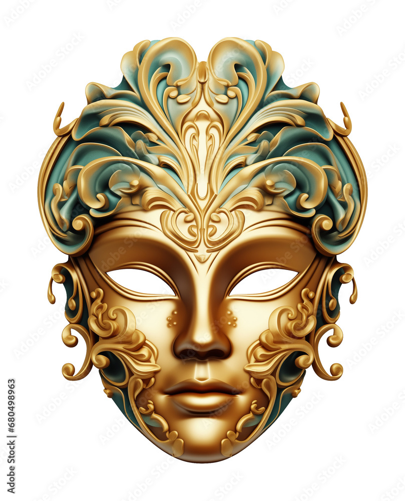 Full Face Golden Opera Mask Isolated on Transparent Background
