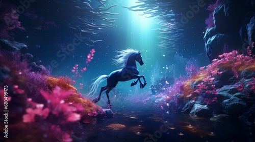 a surreal underwater world where the amazing forest horse gracefully swims amidst bioluminescent creatures.